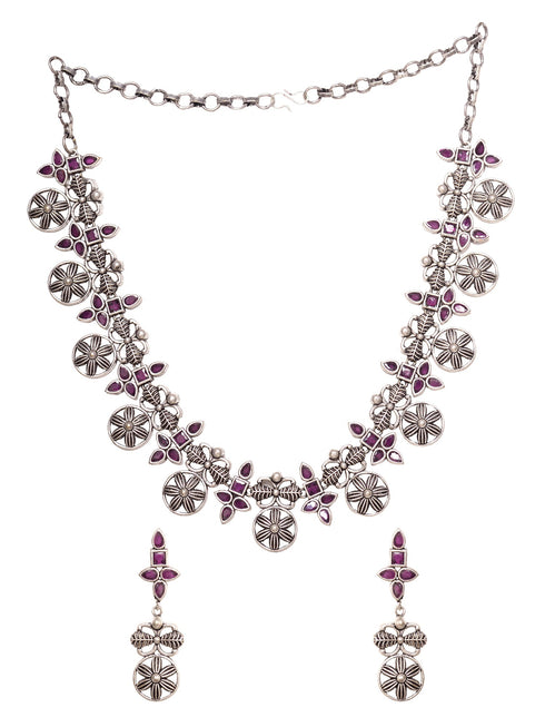 Silver Oxidised Maroon Stone Studded Tribal Necklace Jewellery Set