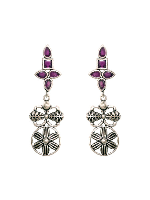 Silver Oxidised Maroon Stone Studded Tribal Necklace Jewellery Set