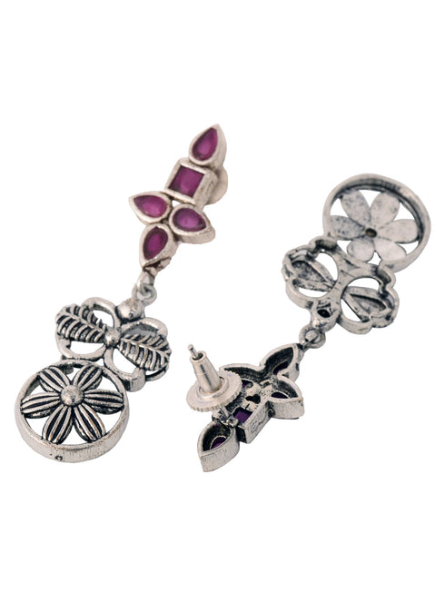 Silver Oxidised Maroon Stone Studded Tribal Necklace Jewellery Set