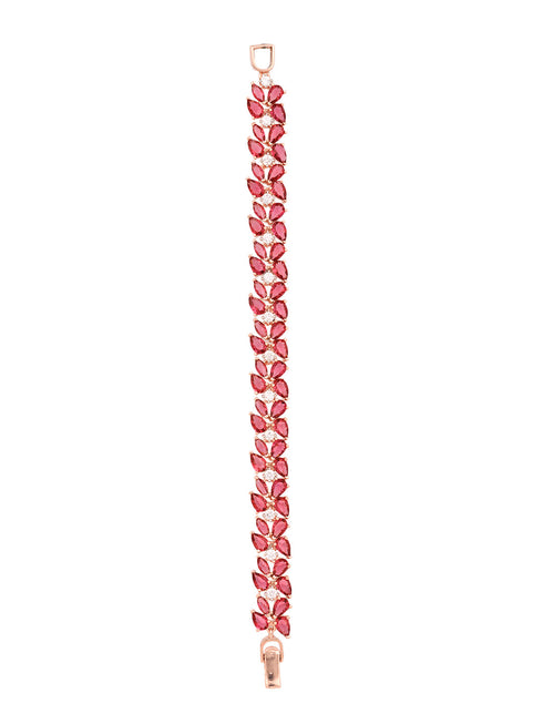Rose Gold Plated Leaf Design Pink Ruby studded Designer Tennis Bracelet For Her