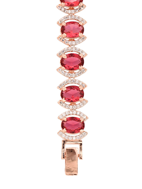 Rose Gold Plated Oval Pink Ruby Ad Studded Handcrafted Tennis Bracelet For Her