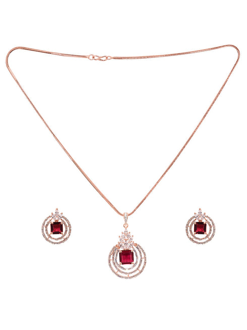 Rose Gold Plated Pink Ruby Studded Circle Pendant Locket Set Earrings and Chain