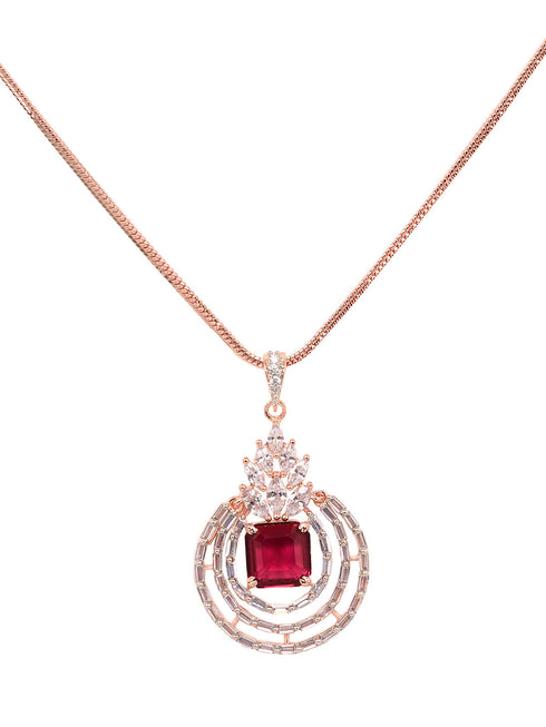Rose Gold Plated Pink Ruby Studded Circle Pendant Locket Set Earrings and Chain