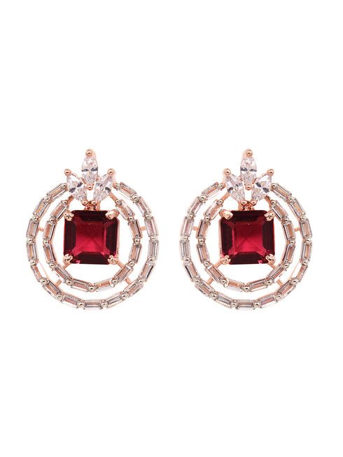 Rose Gold Plated Pink Ruby Studded Circle Pendant Locket Set Earrings and Chain