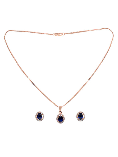 Rose Gold Plated Blue AD Solitaire pendant Locket Set Earrings and Chain