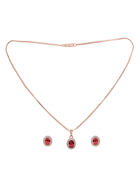 Rose Gold Plated Radiant Red AD Solitaire pendant Locket Set Earrings and Chain