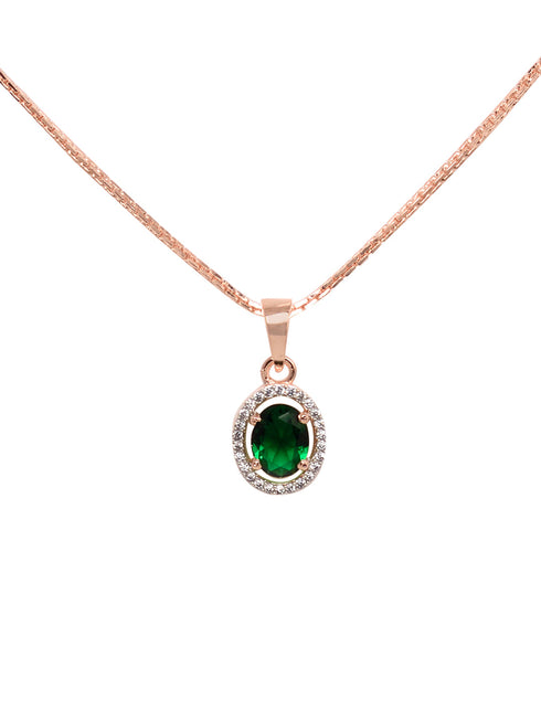Rose Gold Plated Emarald Green AD Solitaire pendant Locket Set Earrings and Chain