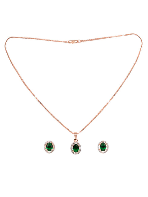 Rose Gold Plated Emarald Green AD Solitaire pendant Locket Set Earrings and Chain