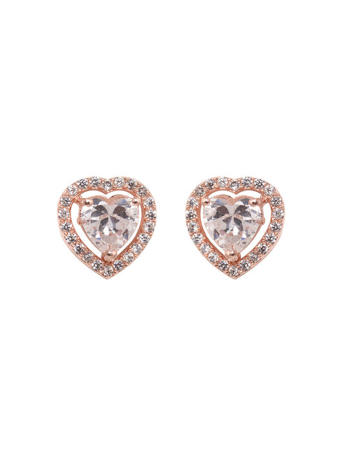 Rose Gold Plated White AD Studded Heart Shaped Pendant Chain and Earrings