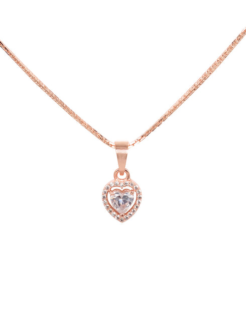 Rose Gold Plated White AD Studded Heart Shaped Pendant Chain and Earrings