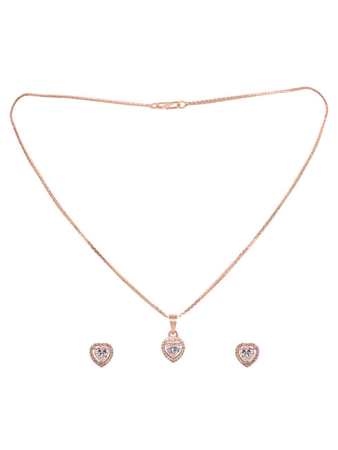 Rose Gold Plated White AD Studded Heart Shaped Pendant Chain and Earrings