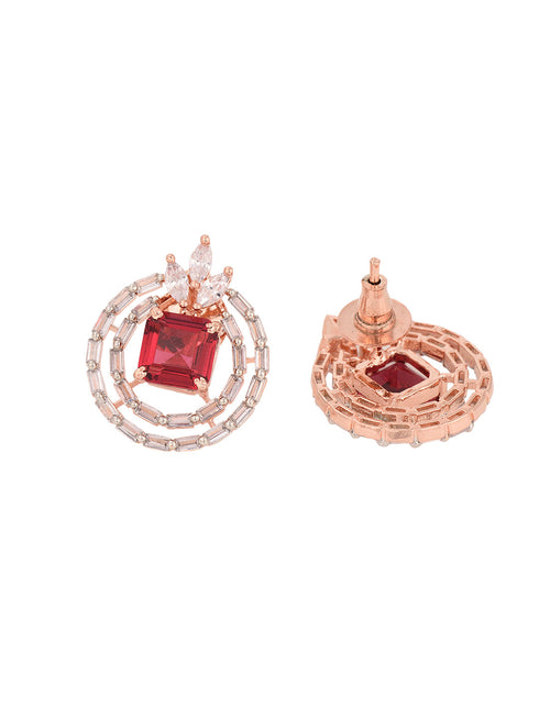 Rose Gold Plated Pink Ruby Studded Circle Pendant Locket Set Earrings and Chain