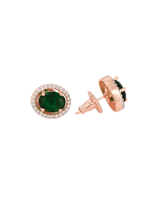 Rose Gold Plated Emarald Green AD Solitaire pendant Locket Set Earrings and Chain