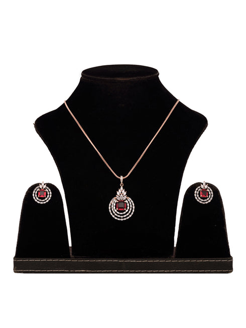 Rose Gold Plated Pink Ruby Studded Circle Pendant Locket Set Earrings and Chain