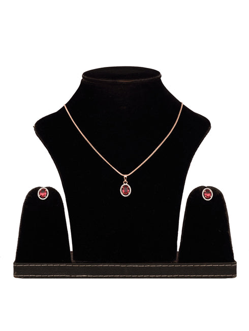 Rose Gold Plated Radiant Red AD Solitaire pendant Locket Set Earrings and Chain