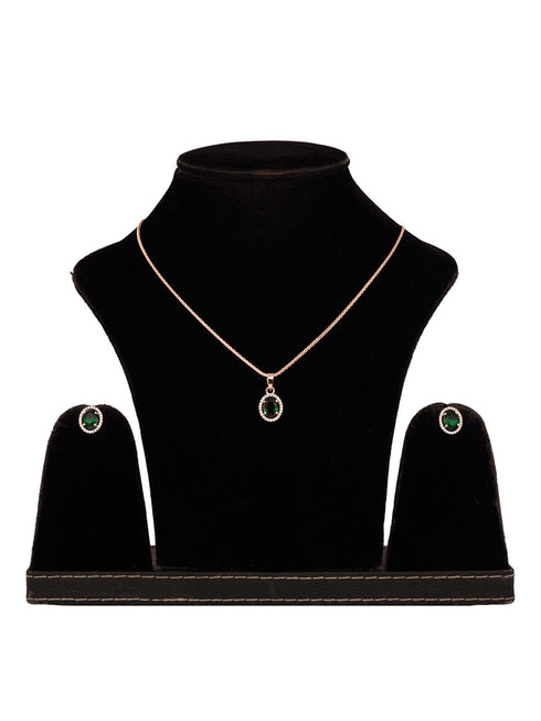 Rose Gold Plated Emarald Green AD Solitaire pendant Locket Set Earrings and Chain