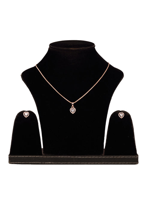 Rose Gold Plated White AD Studded Heart Shaped Pendant Chain and Earrings