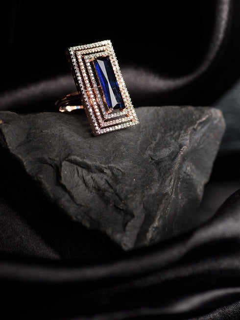 Rose Gold Plated Blue Studded Solitaire Adjustable Cocktail Finger Ring