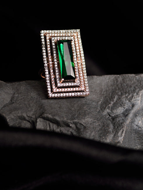 Rose Gold Plated Green Studded Solitaire Adjustable Cocktail Finger Ring
