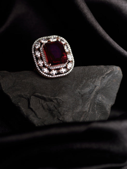 Rose Gold Plated Pink Ruby Studded Adjustable Cocktail Finger Ring
