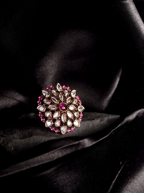 Rose Gold Plated Pink Ruby AD Studded Floral Adjustable Cocktail Finger Rings