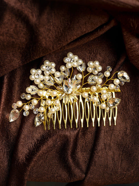 Gold Toned & Pearl Embellished Comb Pin for Girls & Women