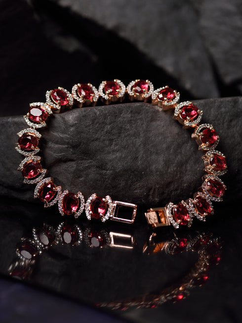 Rose Gold Plated Oval Pink Ruby Ad Studded Handcrafted Tennis Bracelet For Her