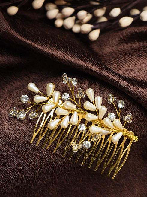 Gold Toned White Pearl Beaded Comb Pin for Girls & Women