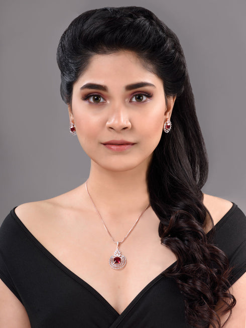Rose Gold Plated Pink Ruby Studded Circle Pendant Locket Set Earrings and Chain