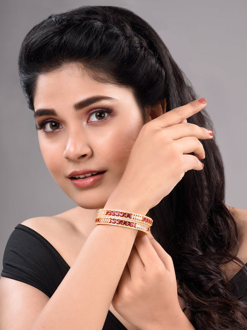 Set Of 2 Red Gold Plated Handmade Red &White AD Studded Bridal Kangan Bangles