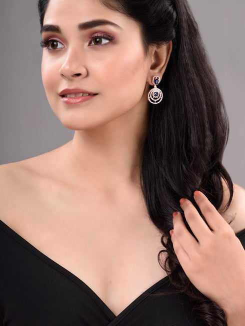 Rose Gold Plated blue & White AD Studded Concentric Dropdown Earrings