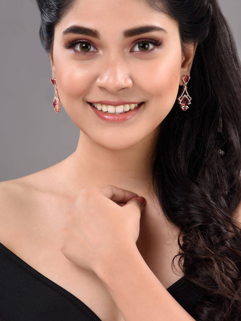 Rose Gold Plated Pink Ruby & White AD Studded Quirky Dropdown Earrings