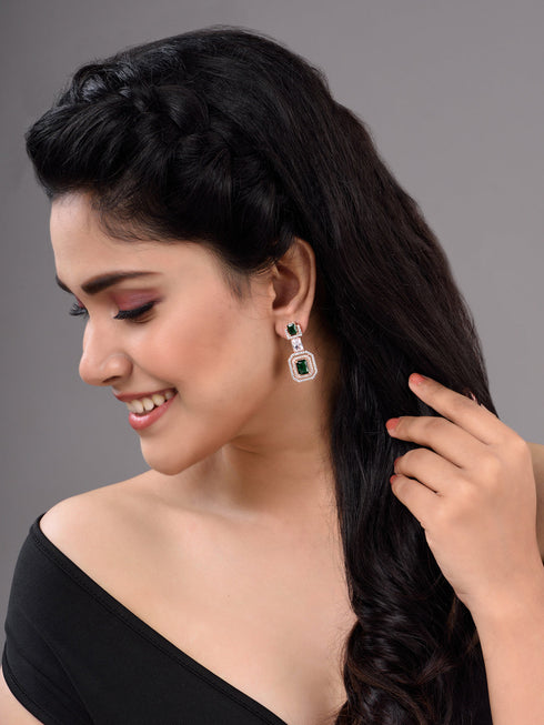Rose Gold Plated Green & White AD Studded Dropdown Statement Earrings