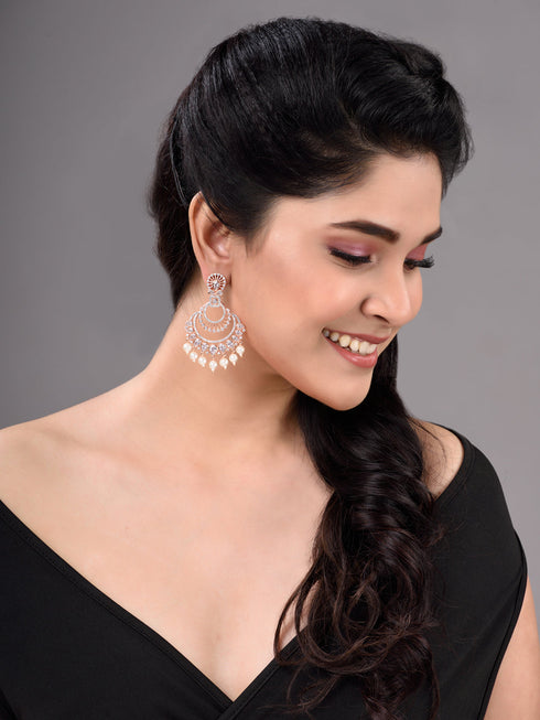 Rose Gold plated Pearl & AD studded Crescent Shaped Chandbali Earrings