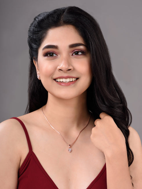 Rose Gold Plated White AD Studded Heart Shaped Pendant Chain and Earrings