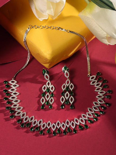 Silver Plated Green AD studded Chandelier Necklace Jewellery Set