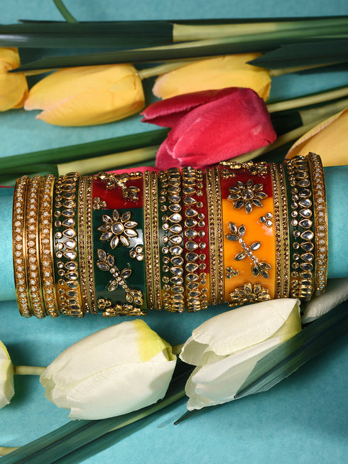 Gold Plated Set of 2 Multicolored traditional Kundan Bangles Bridal Chuda