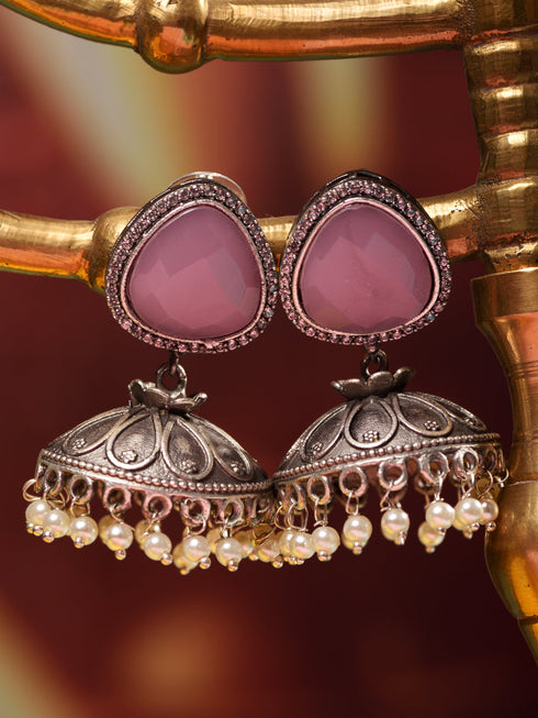 Silver Oxidised Pink Stone & Pearl Jhumka Earrings