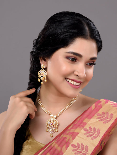 Gold Plated Red AD and Pearl Studded Traditional PendantNecklace White Pearl Mala and Earrings