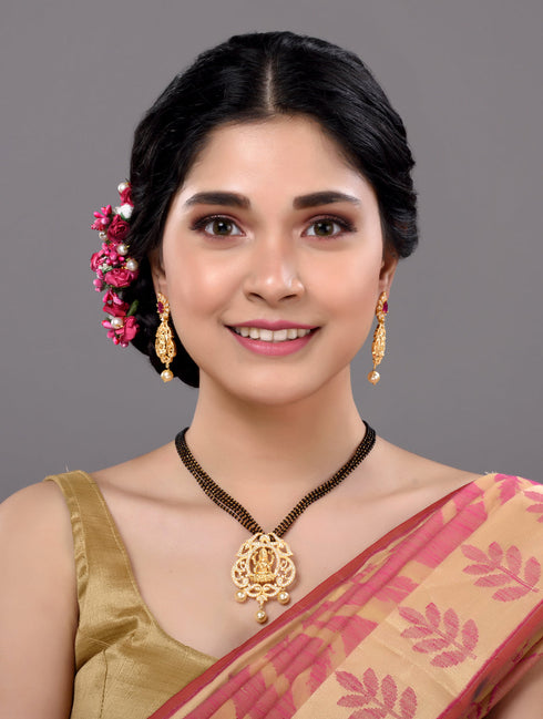 Gold Plated AD Studded Antique Temple Pendant Black Beads mala and Earrings Set