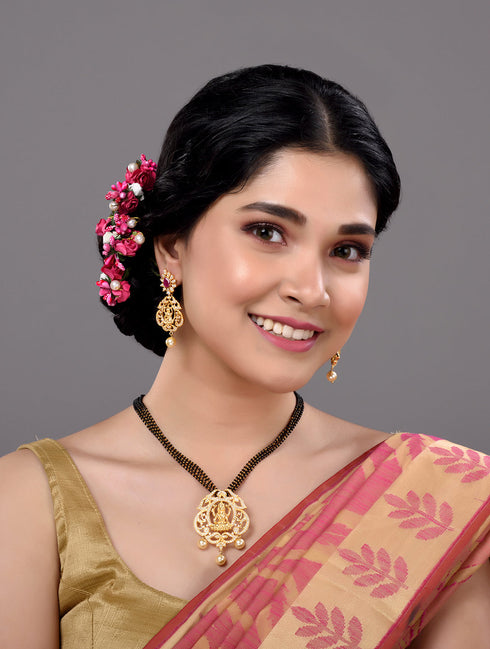 Gold Plated AD Studded Antique Temple Pendant Black Beads mala and Earrings Set