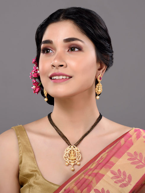 Gold Plated AD Studded Antique Temple Pendant Black Beads mala and Earrings Set