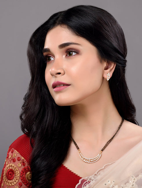 Gold Plated Black Beads AD Studded Designer Mangalsutra Combo Earrings Set