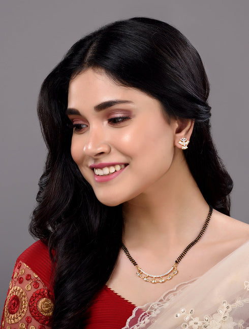 Gold Plated Black Beads AD Studded Mangalsutra Pendant Earrings Set