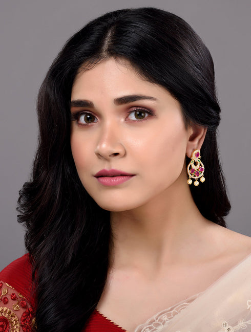 Gold Plated Multi AD and Pearl studded Chandbali shaped Handcrafted Earrings