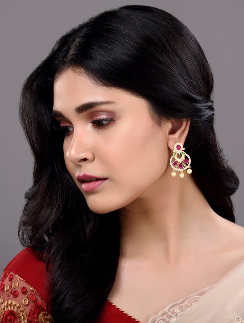 Gold Plated Multi AD and Pearl studded Chandbali shaped Handcrafted Earrings