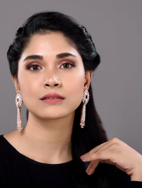 Rose Gold plated White AD studded Knotted Long Dropdown Handcrafted Earrings