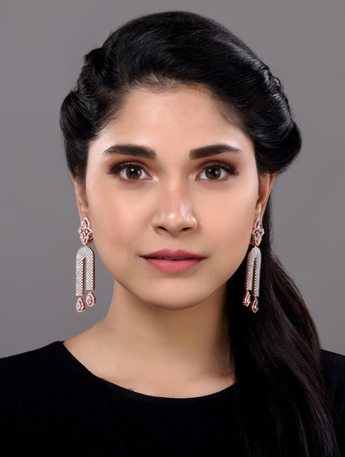 Rose Gold Plated White AD stdded Long Designer Dropdown Earrings