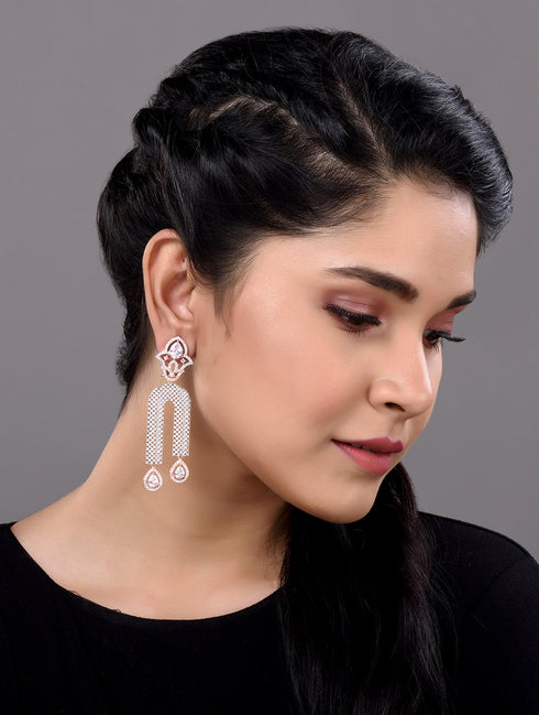 Rose Gold Plated White AD stdded Long Designer Dropdown Earrings