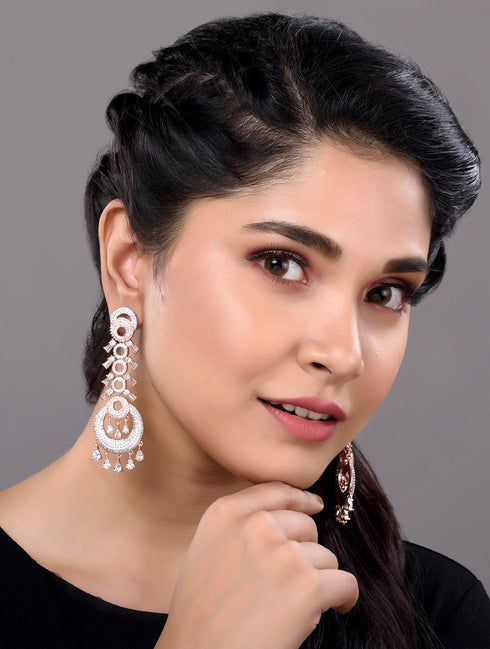 Rose Gold Plated White AD studded Circular Chandelier Dropdown Handcrafted Earrings